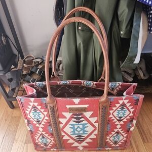 Wrangler Red Aztec Tote with Brown Handles and Turquoise Accents